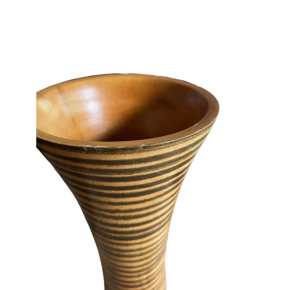 Stained Wood Mango Tree Vase Horizontal Striped Concave Shaped 10” - Picture 6 of 7